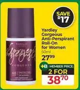 Dis-Chem Yardley Gorgeous Anti Perspirant Roll On For Women-For 2 x 50ml offer