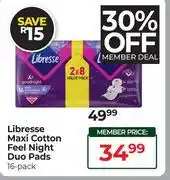 Dis-Chem Libresse Maxi Cotton Feel Night Duo Pads-16's Pack offer