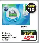 Dis-Chem Lil-Lets Ultra Thin Regular Pads-For 2 x 10's Pack offer