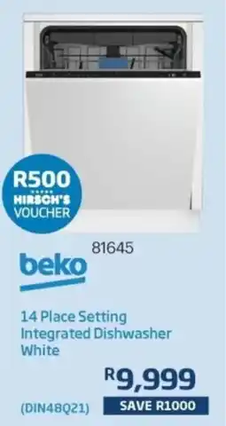 Hirsch's Beko 14 Place Setting Integrated Dishwasher White offer