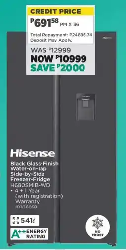House & Home Hisense Black Glass-Finish Water-on-Tap Side-by-Side Freezer-Fridge offer