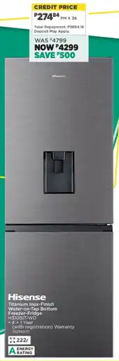 House & Home Hisense Titanium Inox-Finish Water-on-Tap Bottom Freezer-Fridge offer