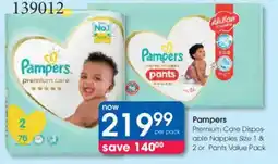 Clicks Pampers Premium Care Disposable Nappies or Pants Value Pack offer