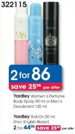 Clicks Yardley Women's Perfume Body Spray or Men's Deodorant offer