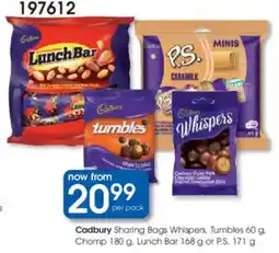 Clicks Cadbury Sharing Bags Whispers, Tumbles, Chomp, Lunch Bar or P.S. offer