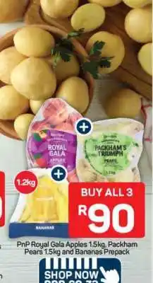 Pick n Pay PnP Royal Gala Apples 1.5kg, Packham Pears 1.5kg and Bananas Prepack offer