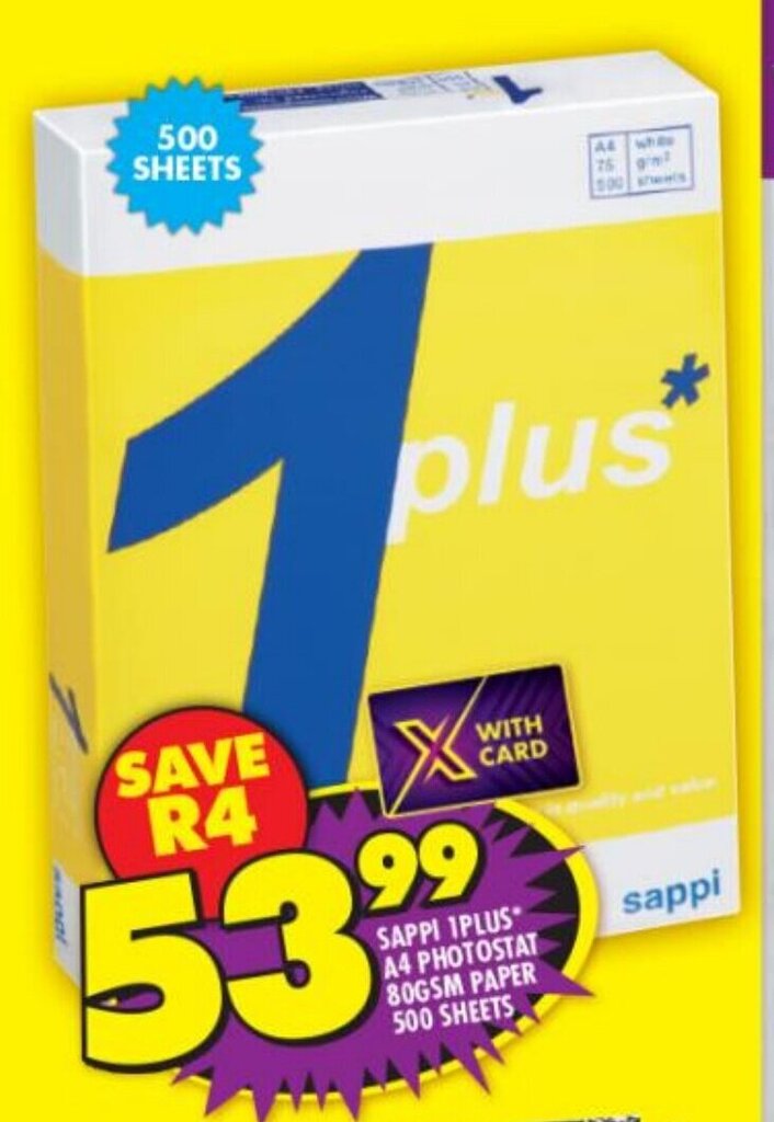 Shoprite Sappi 1plus A4 Photostat 80gsm Paper 500 Sheets offer