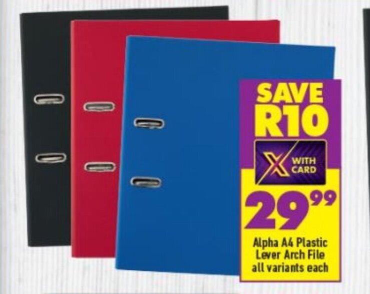 Alpha A4 Plastic Lever Arch File All Variants each offer at Shoprite