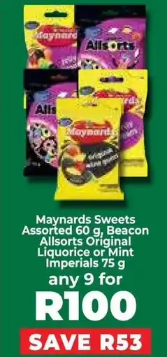 Food Lover's Market Maynards Sweets Assorted 60 g, Beacon Allsorts Original Liquorice or Mint Imperials 75 g offer