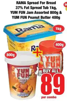 Boxer RAMA Spread For Bread 37% Fat Spread Tub 1kg, YUM FUN Jam Assorted 800g & YUM FUN Peanut Butter 400g offer
