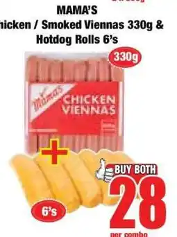 Boxer MAMA'S Chicken / Smoked Viennas 330g & Hotdog Rolls 6's offer