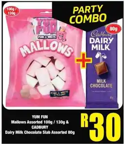 Boxer YUM FUN Mallows Assorted 100g / 130g & CADBURY Dairy Milk Chocolate Slab Assorted 80g offer