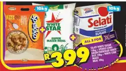 Shoprite Selati White Sugar 10kg + Spekko Long Grain Parboiled White Rice 10kg + White Star Maize Meal 10kg offer