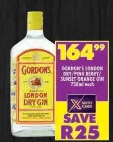 Shoprite GORDON'S LONDON DRY / PINK BERRY / SUNSET ORANGE GIN 750ml each offer