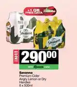 Spar Tops Savanna Premium Cider Angry Lemon Or Dry Handies-For 2 x 6 x 500ml offer