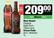 Spar Tops Red Heart Original Dark Rum 750ml & Coca Cola 1L-Both For offer