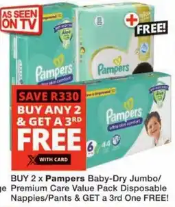 Checkers Pampers Baby-Dry Jumbo/ Range Premium Care Value Pack Disposable Nappies/ Pants offer