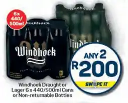 Pick n Pay Windhoek Draught or Lager 6 x 440/500ml Cans or Non-returnable Bottles offer