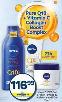 Pick n Pay Nivea Q10 200ml or Rich Firm Body Moisturiser 400ml offer