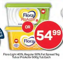 Pick n Pay Flora Light 40%, Regular 50% Fat Spread 1kg Tub or ProActiv 500g Tub Each offer