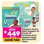 Game Pampers Active Baby Nappies Or Pants Or Premium Care Nappies Mega Box Assorted Sizes-Per Box offer