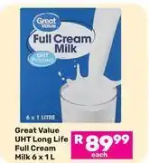 Game Great Value UHT Long Life Full Cream Milk-6 x 1L offer