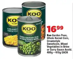 OK Foods Koo Garden Peas, Whole Kernel Corn, Creamstyle Sweetcorn, Mixed Vegetables in Brine or Curry Sauce offer