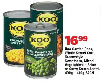 OK Foods Koo Garden Peas, Whole Kernel Corn, Creamstyle Sweetcorn, Mixed Vegetables in Brine or Curry Sauce offer