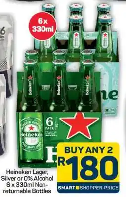Pick n Pay Heineken Lager, Silver or 0% Alcohol 6 x 330ml Non-Returnable Bottles offer