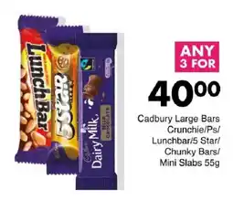 Save Hyper Cadbury Large Bars Crunchie/Ps/ Lunchbar/ 5 Star/ Chunky Bars/ Mini Slabs offer