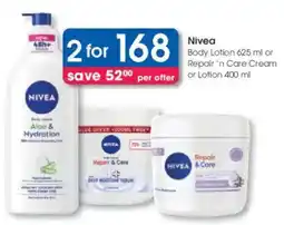 Clicks Nivea Body Lotion or Repair `n Care Cream or Lotion offer