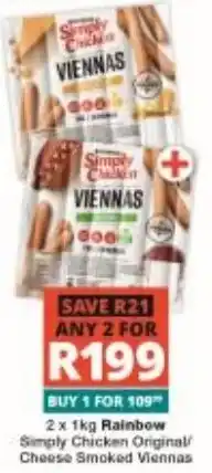 Checkers Rainbow Simply Chicken Original/ Cheese Smoked Viennas offer