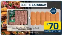 Pick n Pay Bomb Squad Wors 6s 720g per pack and PnP Hotdog Rolls 6s offer