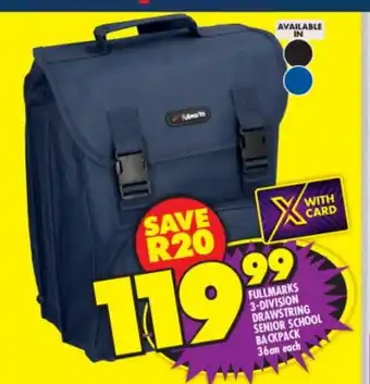 Shoprite Fullmarks 3-Division Drawstring Senior School Backpack 36cm each offer
