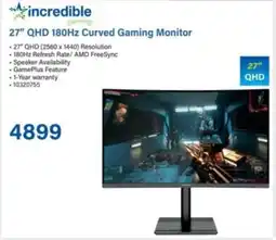 Incredible Connection Incredible 27" QHD 180Hz Curved Gaming Monitor offer