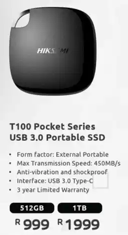 Computer Mania Hiksemi T100 Pocket Series USB 3.0 Portable SSD offer
