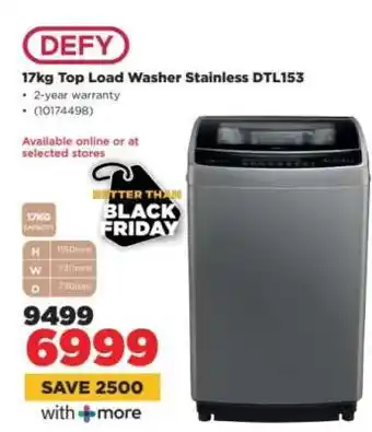 HiFi Corp Defy 17kg Top Load Washer Stainless DTL153 offer