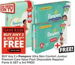 Checkers Pampers Ultra Skin Comfort Jumbo/ Premium Care Value Pack Disposable Nappies/ Pants offer