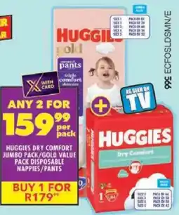 Shoprite Huggies dry comfort jumbo pack/ gold value pack disposable nappies/ pants offer