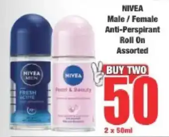 Boxer Nivea Male/ Female Anti-Perspirant Roll On Assorted offer