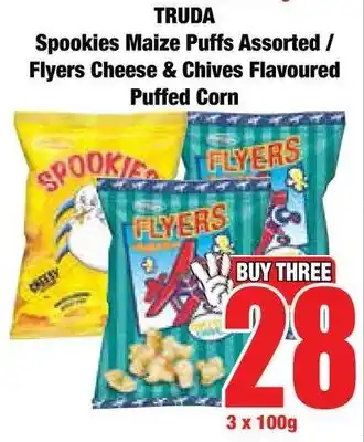 Boxer Superstores Truda Spookies Maize Puffs Assorted/ Flyers Cheese & Chives Flavoured Puffed Corn offer