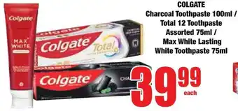 Boxer Superstores Colgate Charcoal Toothpaste/ Total 12 Toothpaste Assorted/ Max White Lasting White Toothpaste offer