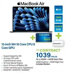 Incredible Connection Apple MacBook Air 13-inch M4.10 Core CPU 8 Core GPU offer