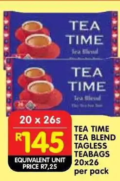 Shoprite TEA TIME TEA BLEND TAGLESS TEABAGS 20x26 per pack offer
