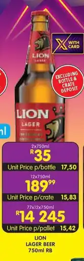 Shoprite LION LAGER BEER 750ml RB offer