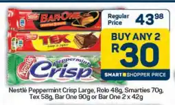 Pick n Pay Nestlé Peppermint Crisp Large, Rolo 48g, Smarties 70g, Tex 58g, Bar One 90g or Bar One 2 x 42g offer