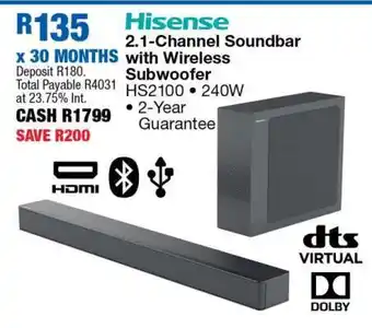 OK Furniture Hisense 2.1 Channel Soundbar With Wireless Subwoofer offer