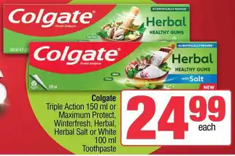 Spar Colgate Triple Action or Maximum Protect, Winterfresh, Herbal, Herbal Salt or White Toothpaste offer