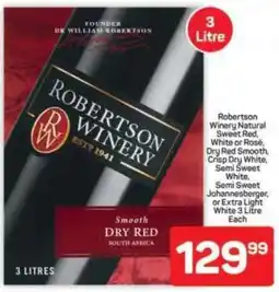 Pick n Pay Hypermarket Robertson Winery Natural Sweet Red, White or Rosé, Dry Red, Crisp Dry White, Semi Sweet Johannesberger, or Extra Light White offer