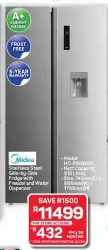 Pick n Pay Hypermarket Midea Stainless Steel Side-by-Side Fridge with Freezer and Water Dispenser offer